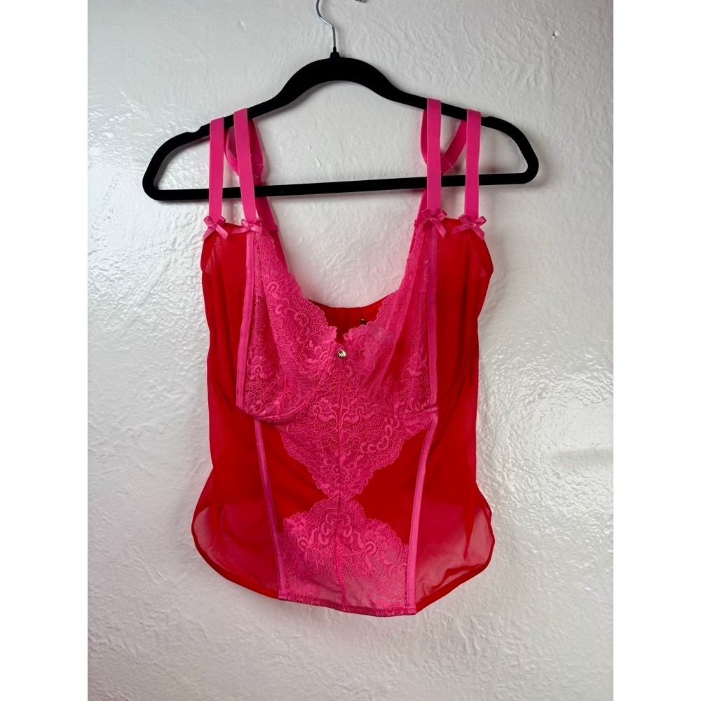 Adore Me Corset Top Red Pink 38H Lace Mesh Underwire Barbiecore Boudoir Coquette